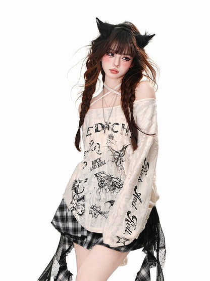 Asymmetrischer Ausschnitt, Schmetterlingsdruck, Distressed-Löcher, Aprikose/Grau, Neckholder-Top