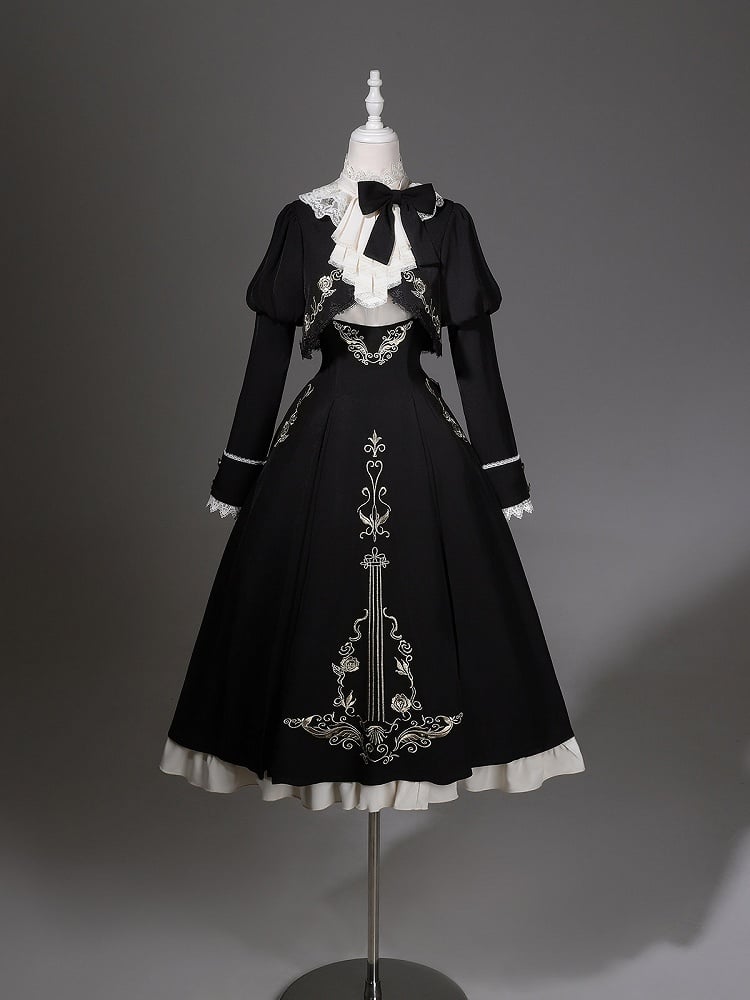 Jabot Top Black + Overall Juliette Shirt High Skirt Elegant Cropped Waist Sleeves Collar Lolita