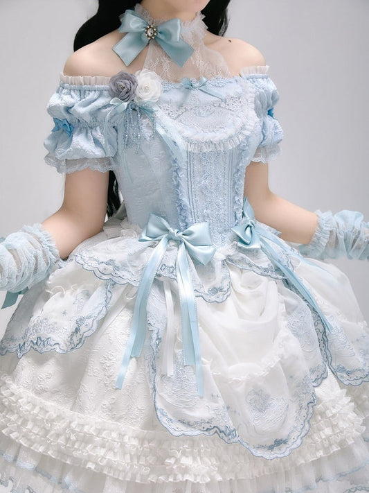 Blue Corset Embroidery with Illusion Neckline Lace Top Lolita Elegant Classic Puff Sleeves and Boned Details