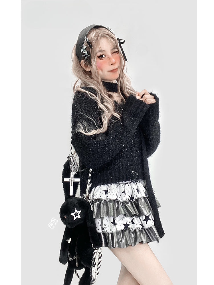 Schwarzer Strickpullover mit V-Ausschnitt und Schal