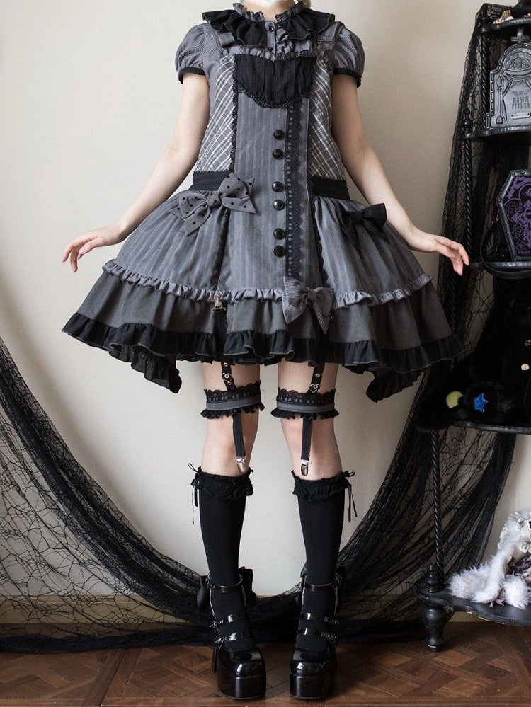 Abnehmbares Mieder, graue, dunkle Overall-Kapuze, kariertes Lolita-Ohren-Häschenkleid mit Muster