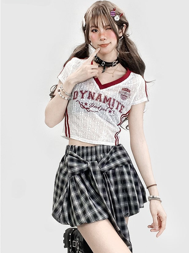 Design Y2K BlackWhite Plaid Glamorous Skirt Lace-up Pattern Bubble