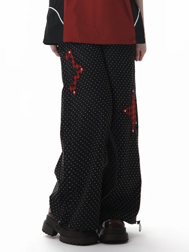 Cuffs Dot Casual Pants Red Plaid Star Applique Drawstring Black Polka