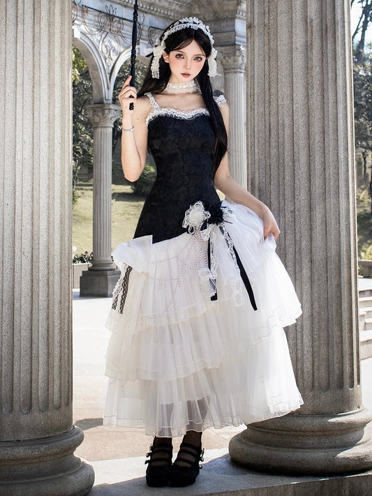 クラシックなレイヤードチュールロリータフィットジャカードボディスヘムスリムドレスブラックホワイトフローラル