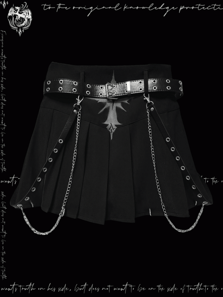 Pleated Skirt Rock Glamorous Y2K Black Cross Print Punk