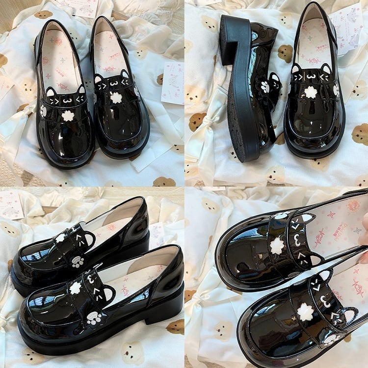 PU with Cat JK Ear Details - Accents Slip-On Sakura Shoes Design Black Polished Mid-Heel
