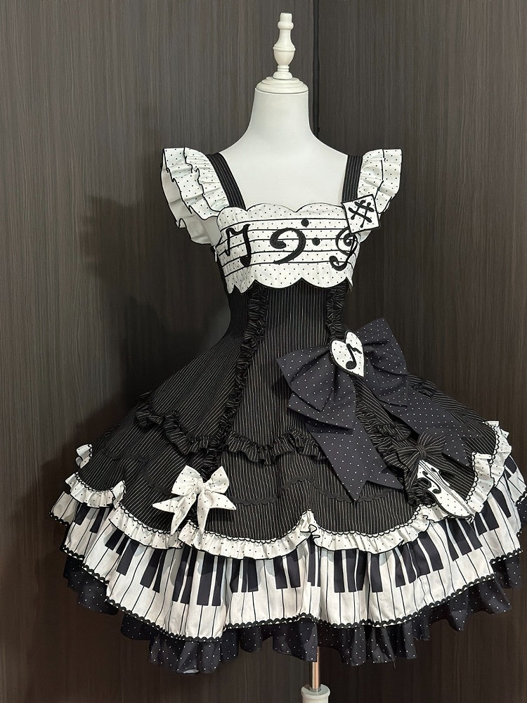 Piano JSK Set with Shirt, Bonnet, Apron, and Bow Train - Alice in Wonderland Lolita