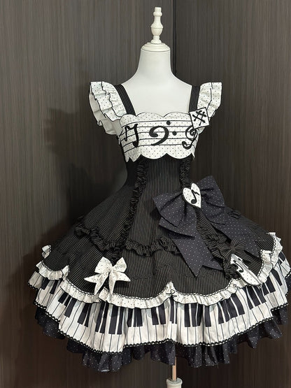 Piano JSK Set with Shirt, Bonnet, Apron, and Bow Train - Alice in Wonderland Lolita