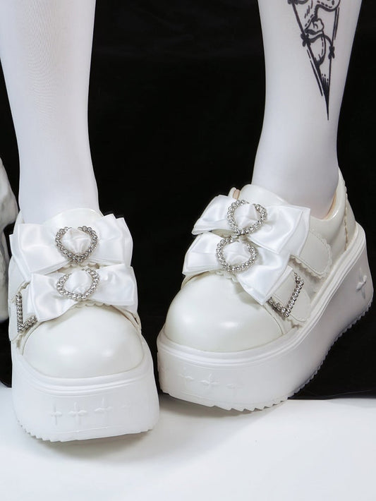 Details PU Kei White Rhinestone Shoes Version Platform Bow Heart Decor Slip-in Fit Jirai Design Regular/Thicken in