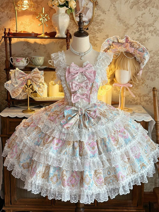 Apricot with JSK Floral Accents Bow Print and Chandelier Lolita Crystal