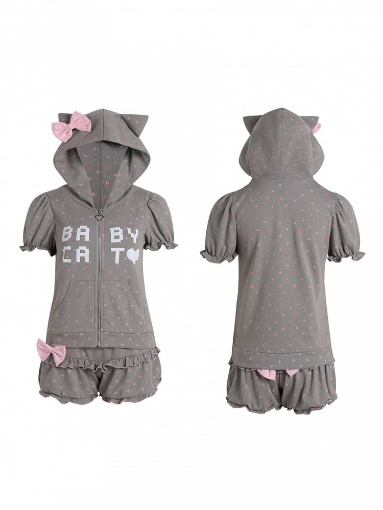 Light Cat-Ear Detachable Hoodie Large Zip-Front Bow Sleeve Gray with Puff
