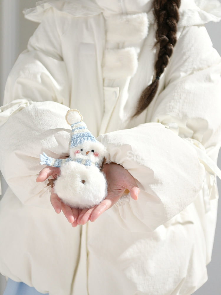 Cute Snowman Adorned White Hooded Puffer Down Jacket Bubble Silhouette