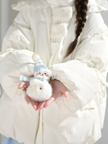 Cute Snowman Adorned White Hooded Puffer Down Jacket Bubble Silhouette