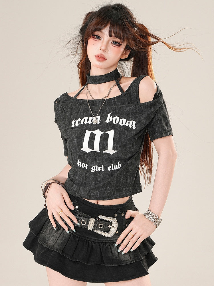 Glamorous Bittersweet Letter T-Shirt Nummer Grau/Schwarz und Aufdruck