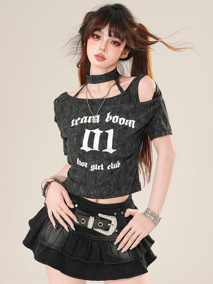 Glamorous Bittersweet Letter T-Shirt Nummer Grau/Schwarz und Aufdruck