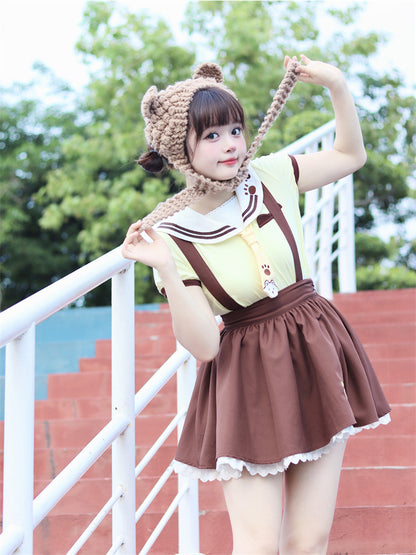 Brown Paw Embroidery Lace Trim Overall Skirt