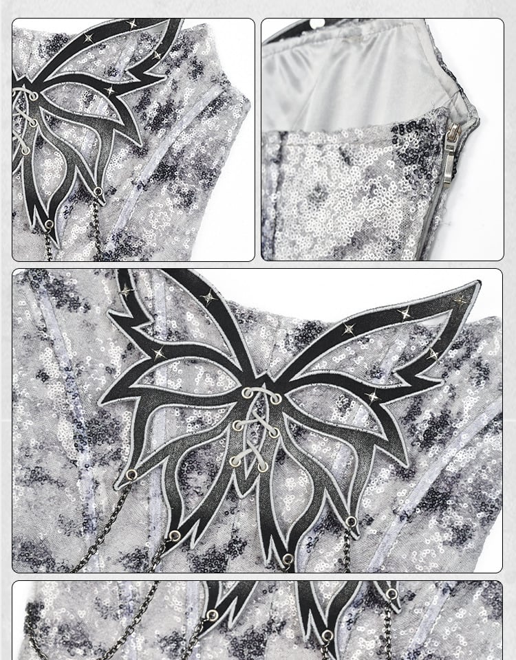 Top Fashion Grey Butterfly Chain Sequins Y3K Fishbone Strapless Cyberpunk Futuristic Silver Decorated