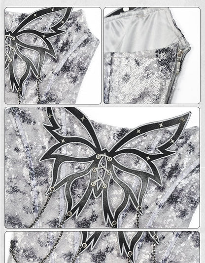 Top Fashion Grey Butterfly Chain Sequins Y3K Fishbone Strapless Cyberpunk Futuristic Silver Decorated