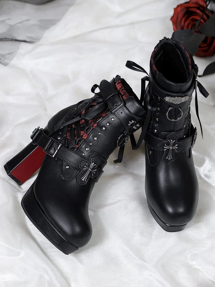 Gothic Studded High-Heel Boots with Red Sole - Lacy Bones