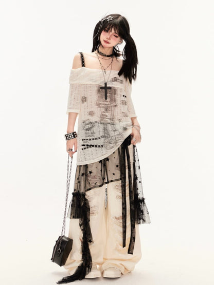 ワイドレッグジーンズ ウェイストランド アプリコット ローウエスト ダメージ加工 穴あき パンク