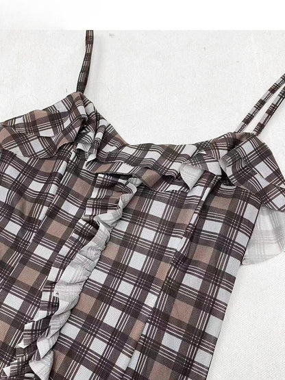 Hem Pattern Cami Glamorous Bittersweet Brown Plaid Asymmetrical