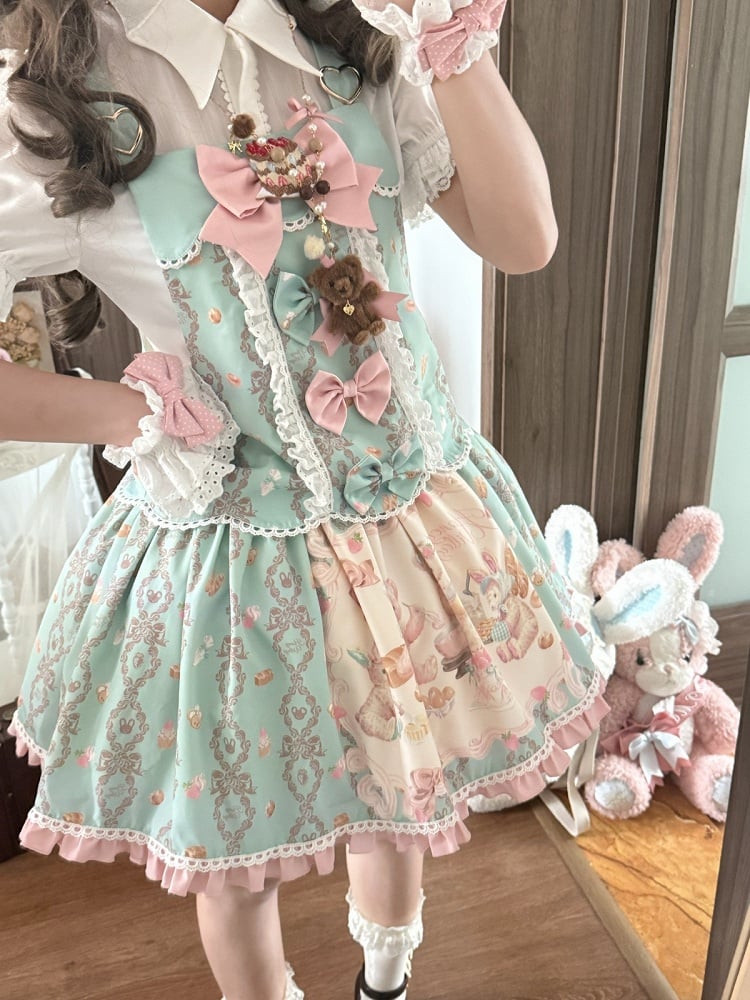 Mint Strawberry & Cake Print Adjustable-Strap Jumper Dress - Honey Village