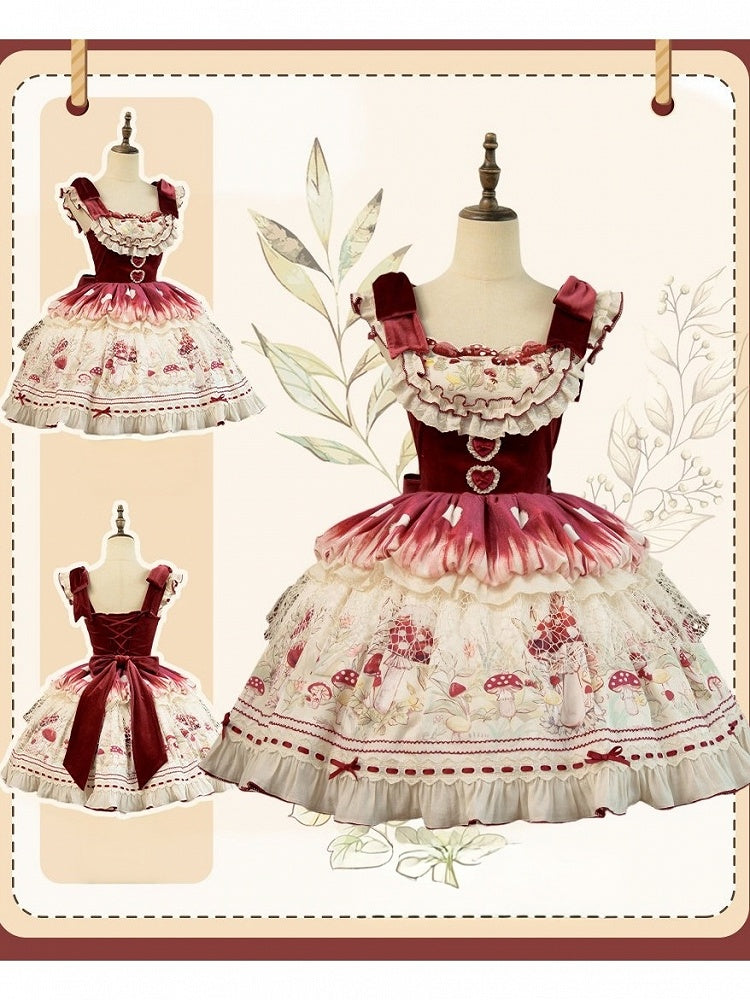 Red Velvet Mushroom JSK Dress with Heart Motif - Honey Machine