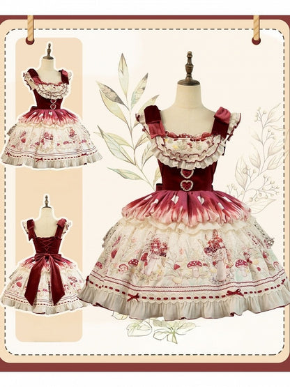 Red Velvet Mushroom JSK Dress with Heart Motif - Honey Machine