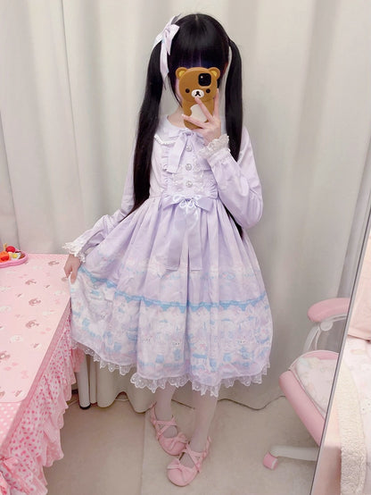 Purple Peter Pan Collar Lolita Long Sleeve Dress with Bunny Snowflakes - Strawberry Trouble Lolita