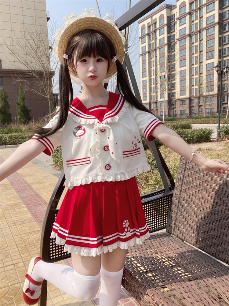 Lace JK Uniform Pink/Red Pleated Skirt Trim Ruffled