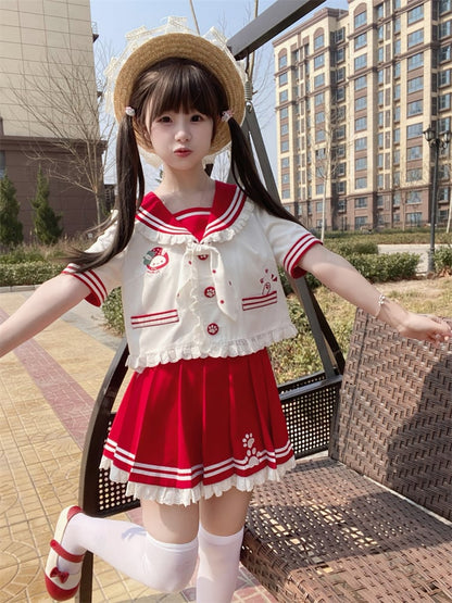 Lace JK Uniform Pink/Red Pleated Skirt Trim Ruffled