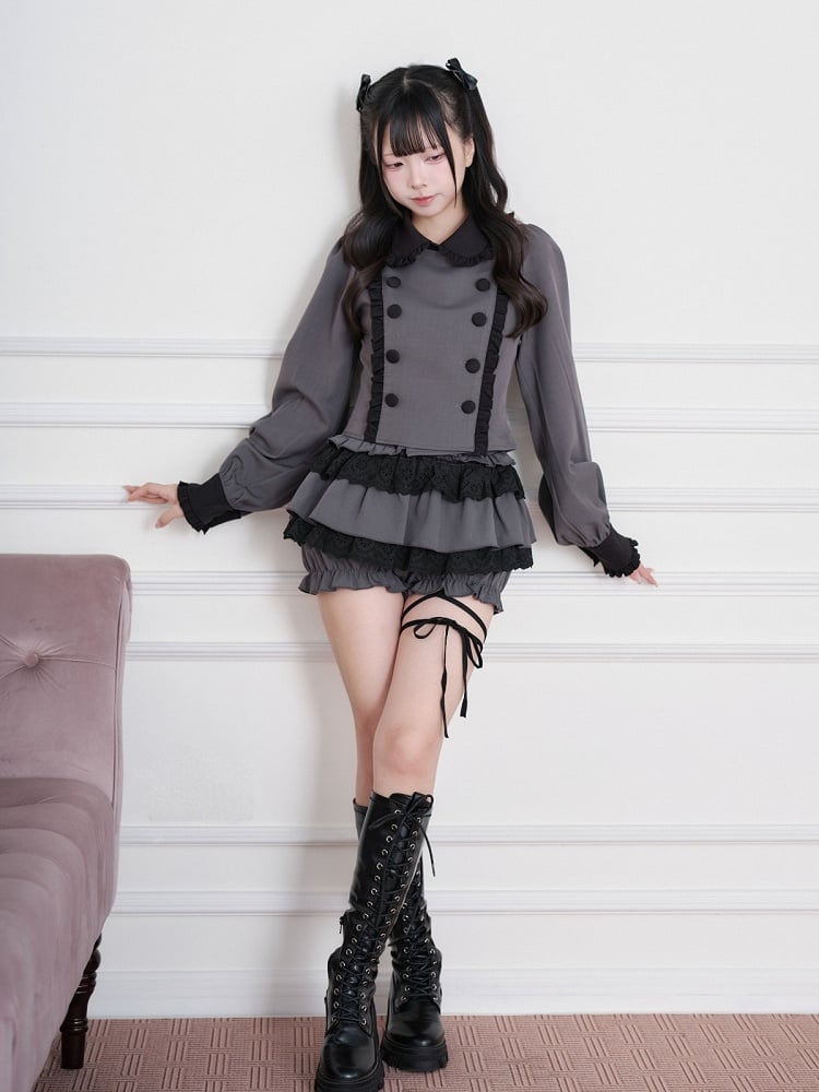 Black & Gray Jirai-Kei Peter Pan Collar Long-Sleeve Top, Double-Breasted & Ruffled - No Genki