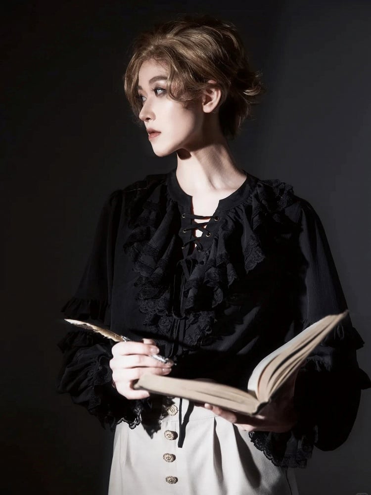Lace-Up Ruffled Long Black with Sleeves Front Blouse