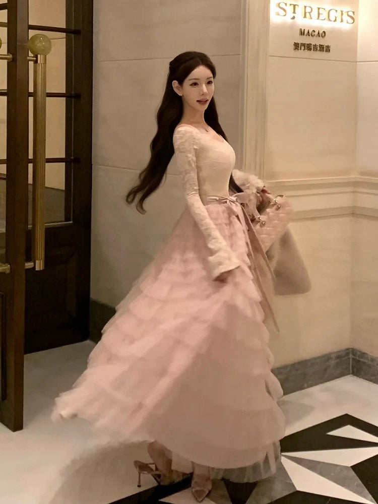 Tiered (Fleece-Lined) Lace Vintage Cake Off-Shoulder French Dress