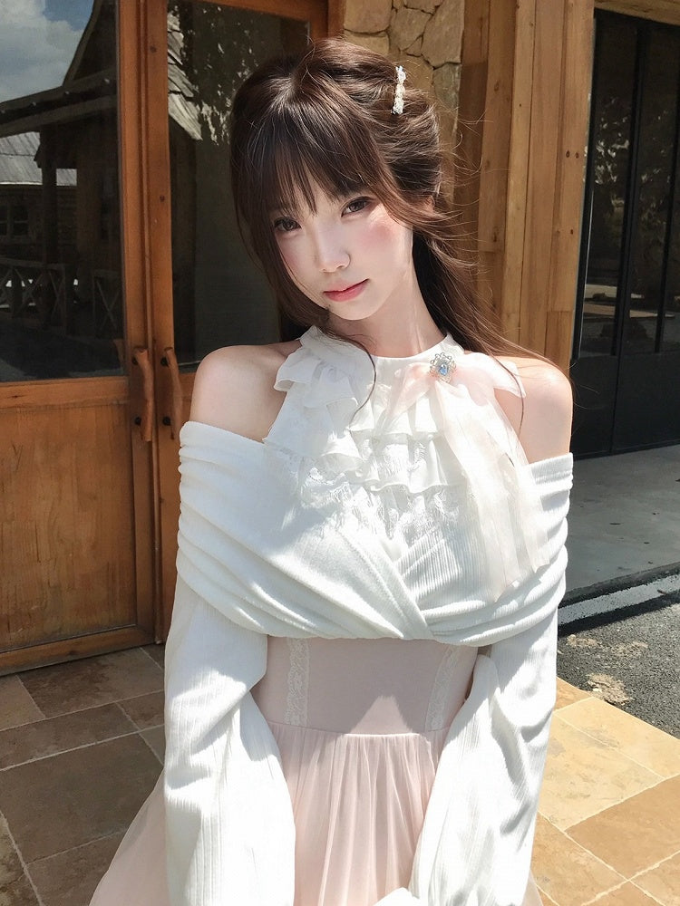 Seiso-kei Halter Off Shoulder Long Sleeve Mesh Dress in Pink and White with Ruffles and Bow Tie - LA LA JK