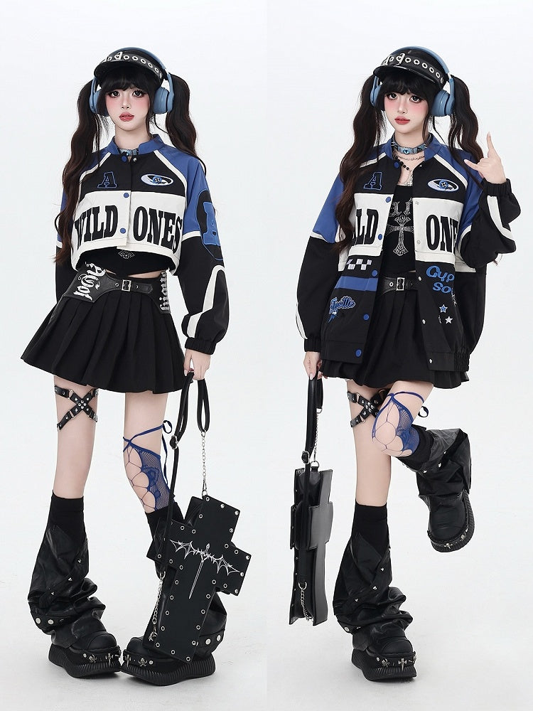 Buttoned Hem with in Blue Detachable 2-in-1 Letter Jacket Baseball Placket Pattern Black