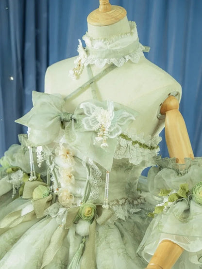 Set Decorated Princess Fairy Dress Flowers Lolita Butterfly JSK Light Full Green Forest