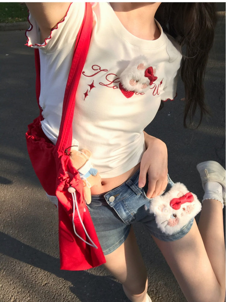 愛らしいキティのぬいぐるみ付きライズデニムショートパンツ ブルー ローカット