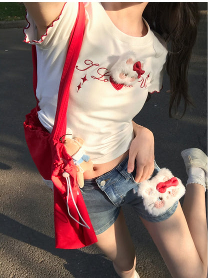 愛らしいキティのぬいぐるみ付きライズデニムショートパンツ ブルー ローカット