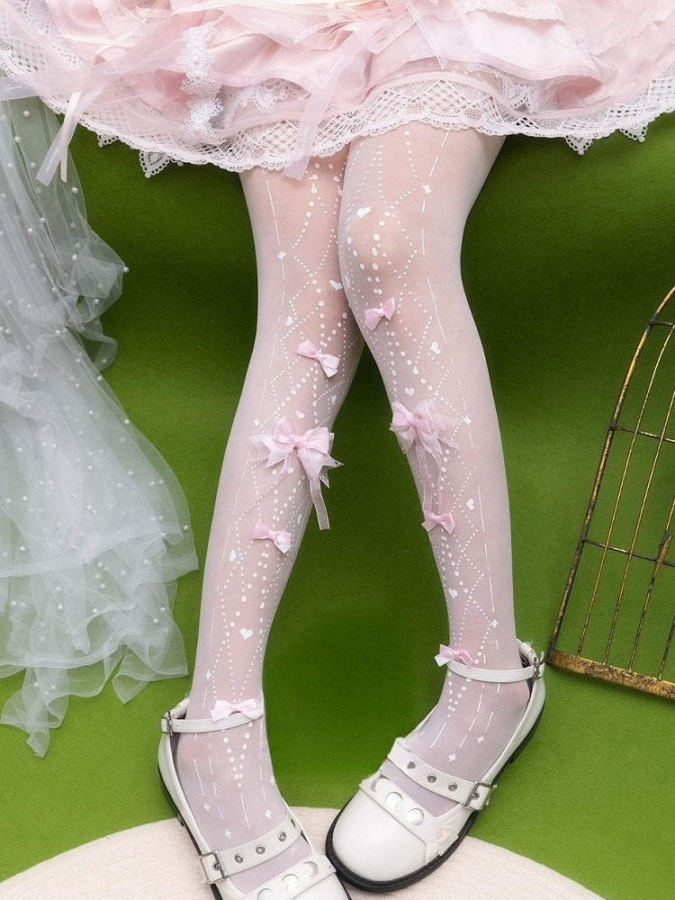 Sheer Striped Lolita Tights in Black & White with Bow Accents - Yidhra