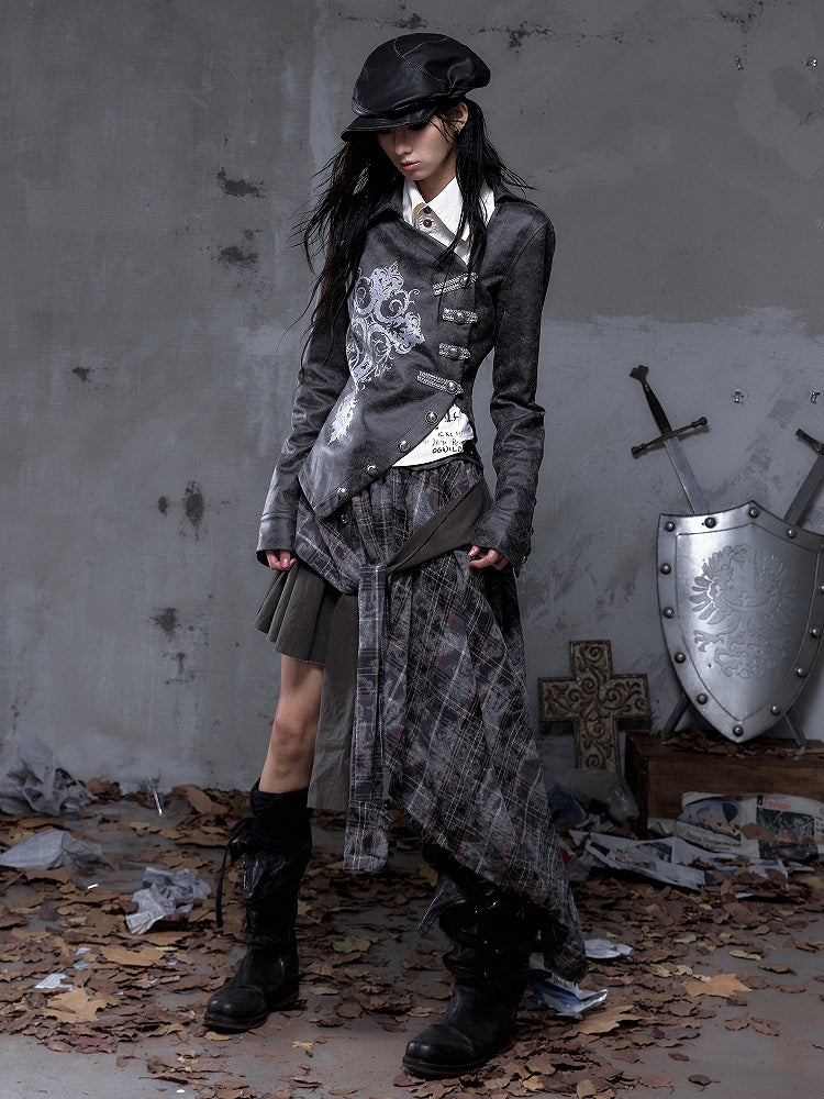 Gray-Brown Vintage with Jacket Cross Dark Punk Street Print Placket Asymmetrical Button
