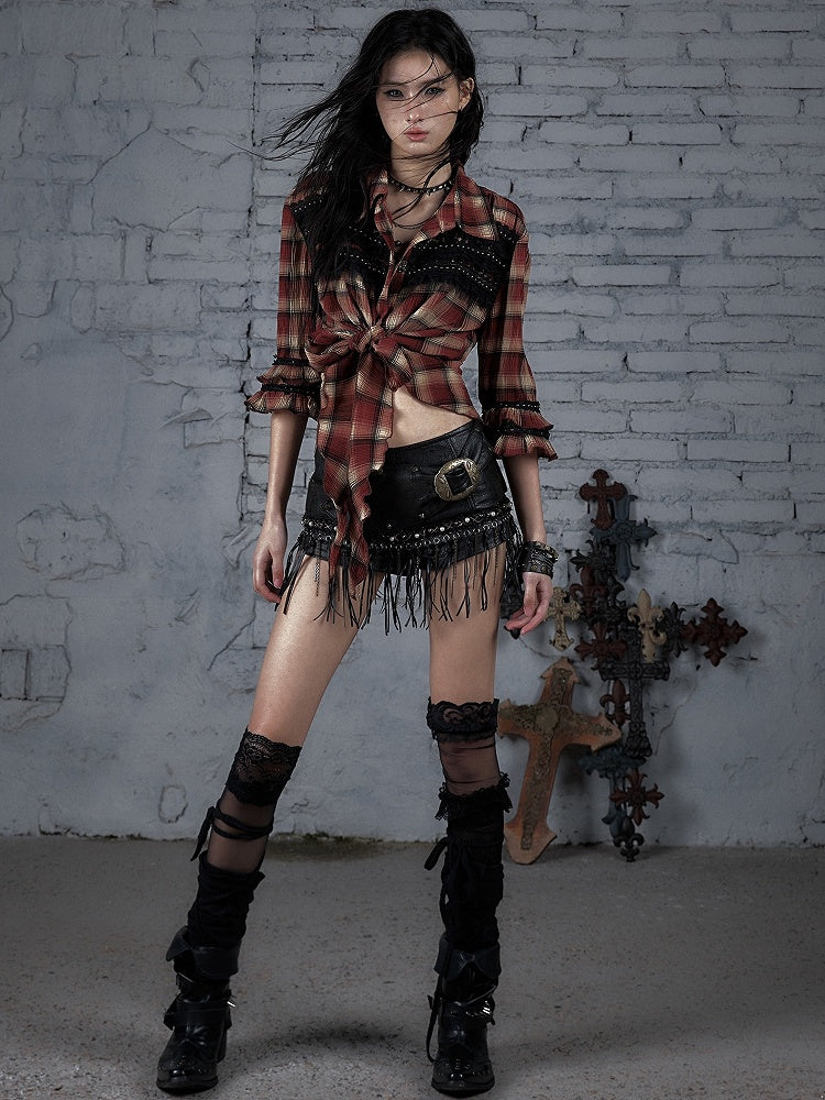 ウェイストランドシャツパターンパンクトリムチェック柄レースレッド