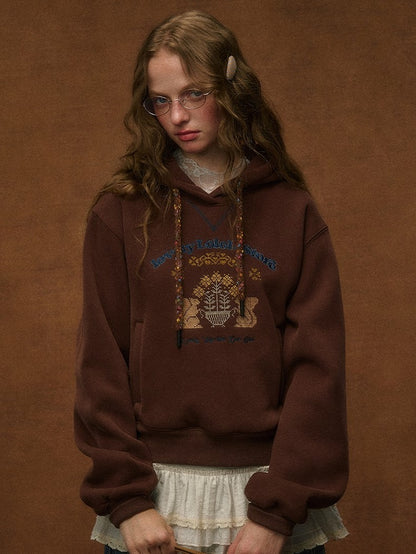 Hoodie Embroidery Vintage Squirrel Preppy with Brown