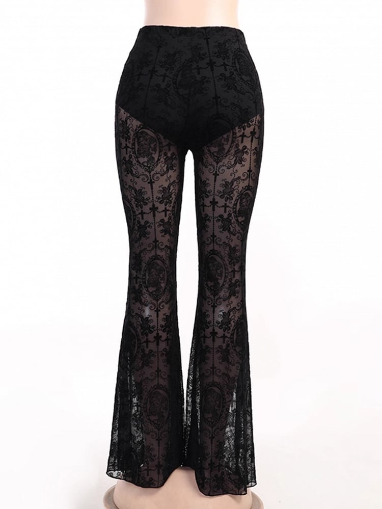 Semi-Sheer with Black Flare Pants Cross Gothic Embroidery Lace