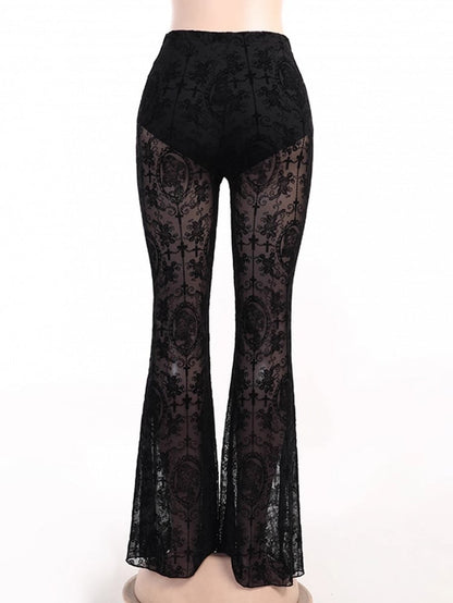 Semi-Sheer with Black Flare Pants Cross Gothic Embroidery Lace