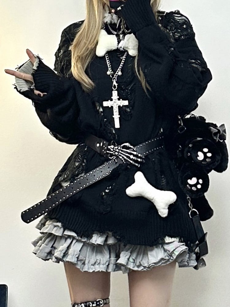 for Distressed Double-Sided Sweater: Detail Fall/Winter Black