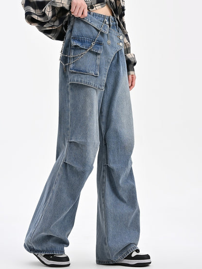 Wide-Leg Jeans Taillendesign Blau Asymmetrisch