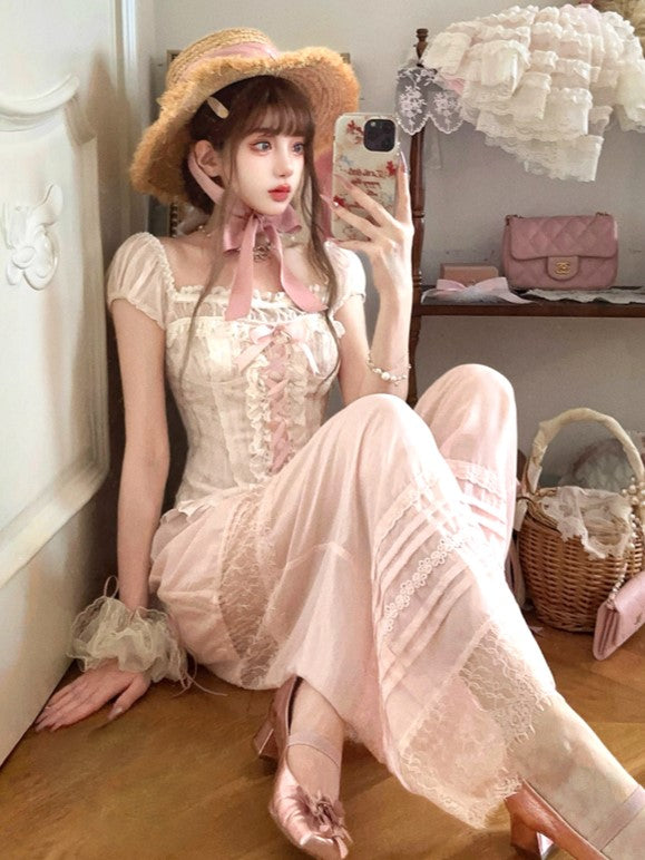 Pink Ruffled With Puff Floral Hem Top Two-Piece Corset Sleeves Faux Peplum