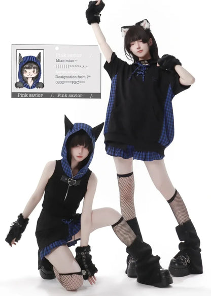 Muster Kapuze Blau Ohren Top Dunkel Schwarz Plaid Ärmellos