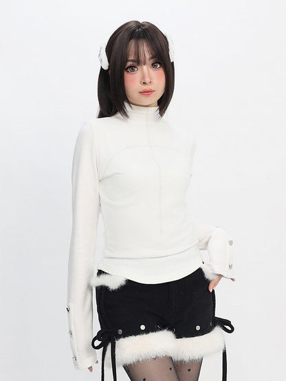 Neck Daily Sleeve Kawaii Studded with White Mock Long Design Top Accents